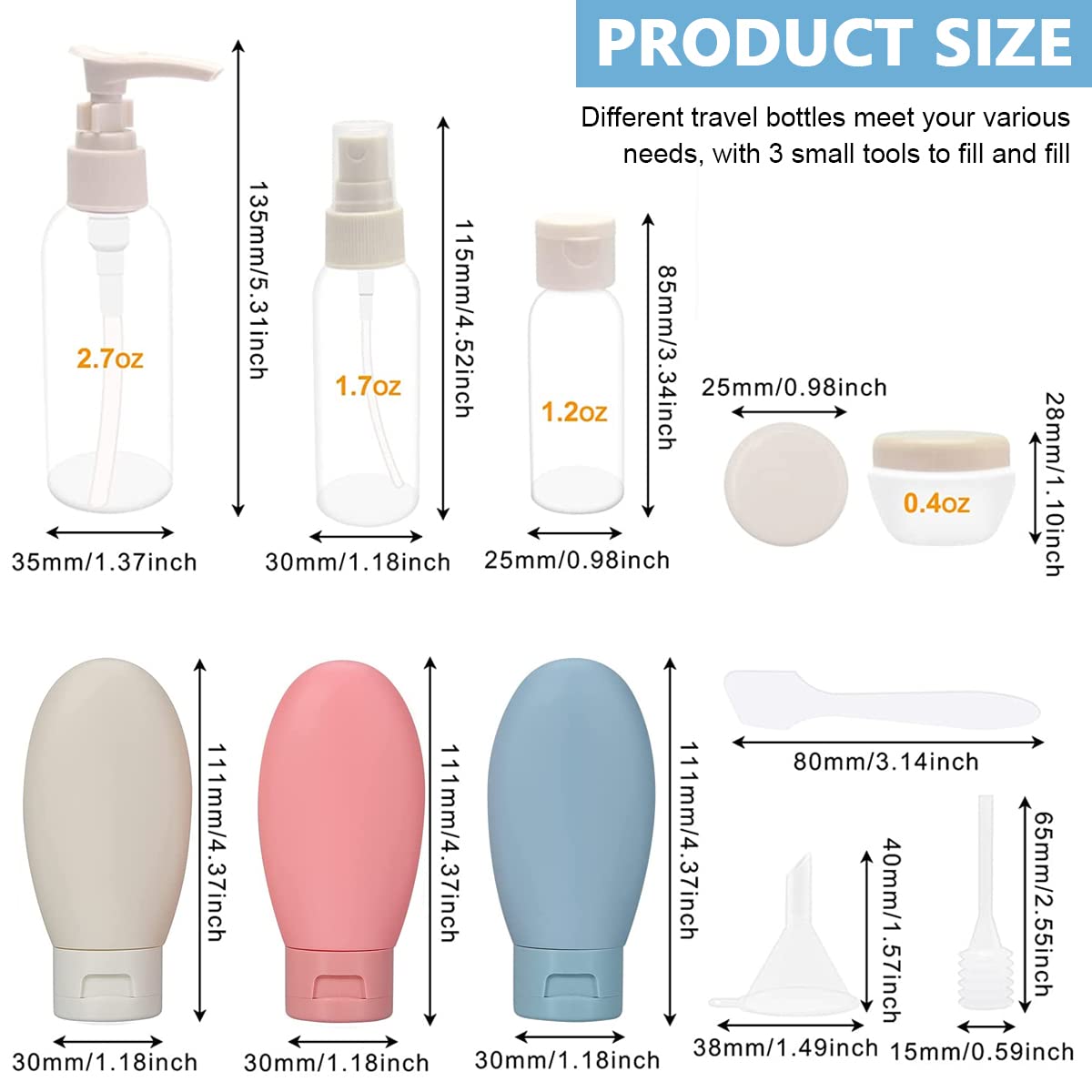 MAYCREATE® 11pcs Travel Bottles for Toiletries, Refillable Travel Containers for Toiletries Cream Jars Spray Bottle Kit for Lotion, Shower Gel, Shampoo, Hand Sanitizer