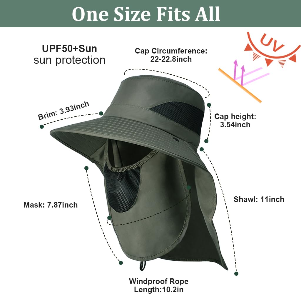GUSTAVE Men Sun Hat for Hiking with 11 in Neck Flap and Removable Mesh Face Cover Green
