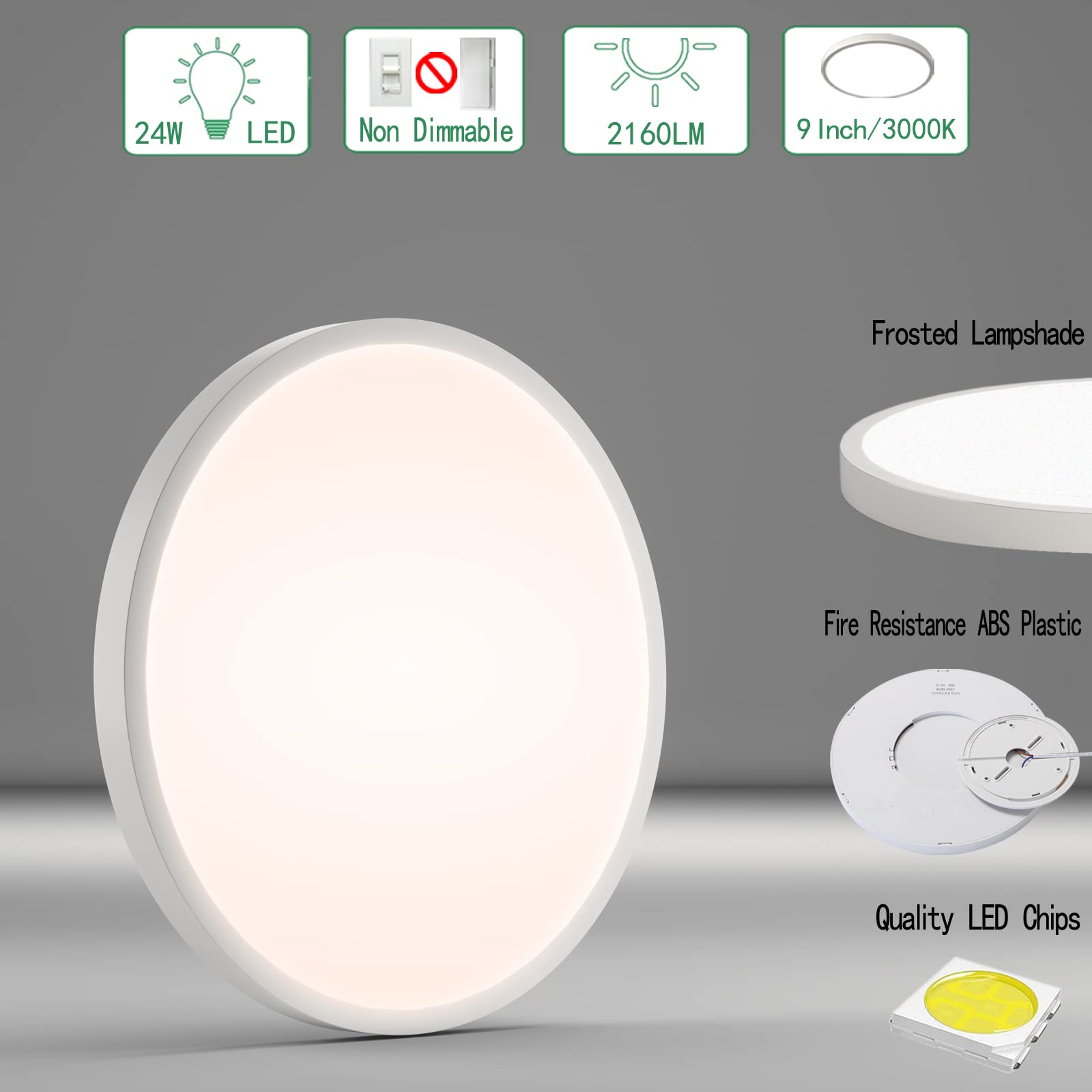 HASTHIP Flush Mount Ceiling LED Light for Bedroom and Kitchen with 9 inch Ultra Thin 24W Design | 120pcs 3000K Warm White Fixture