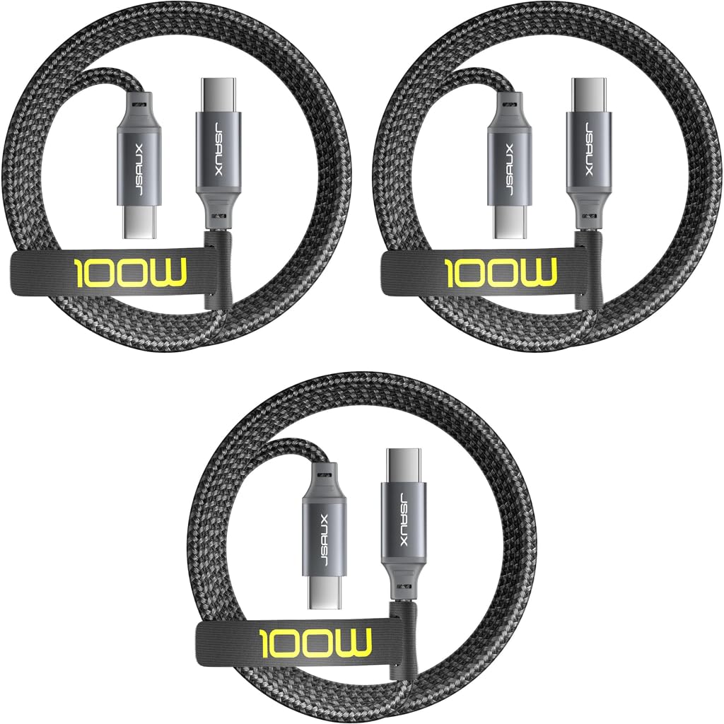 JSAUX USB C to USB C Cable for Fast Charging and Data Sync 100W 5A 10ft Nylon Braided | 3 Pack