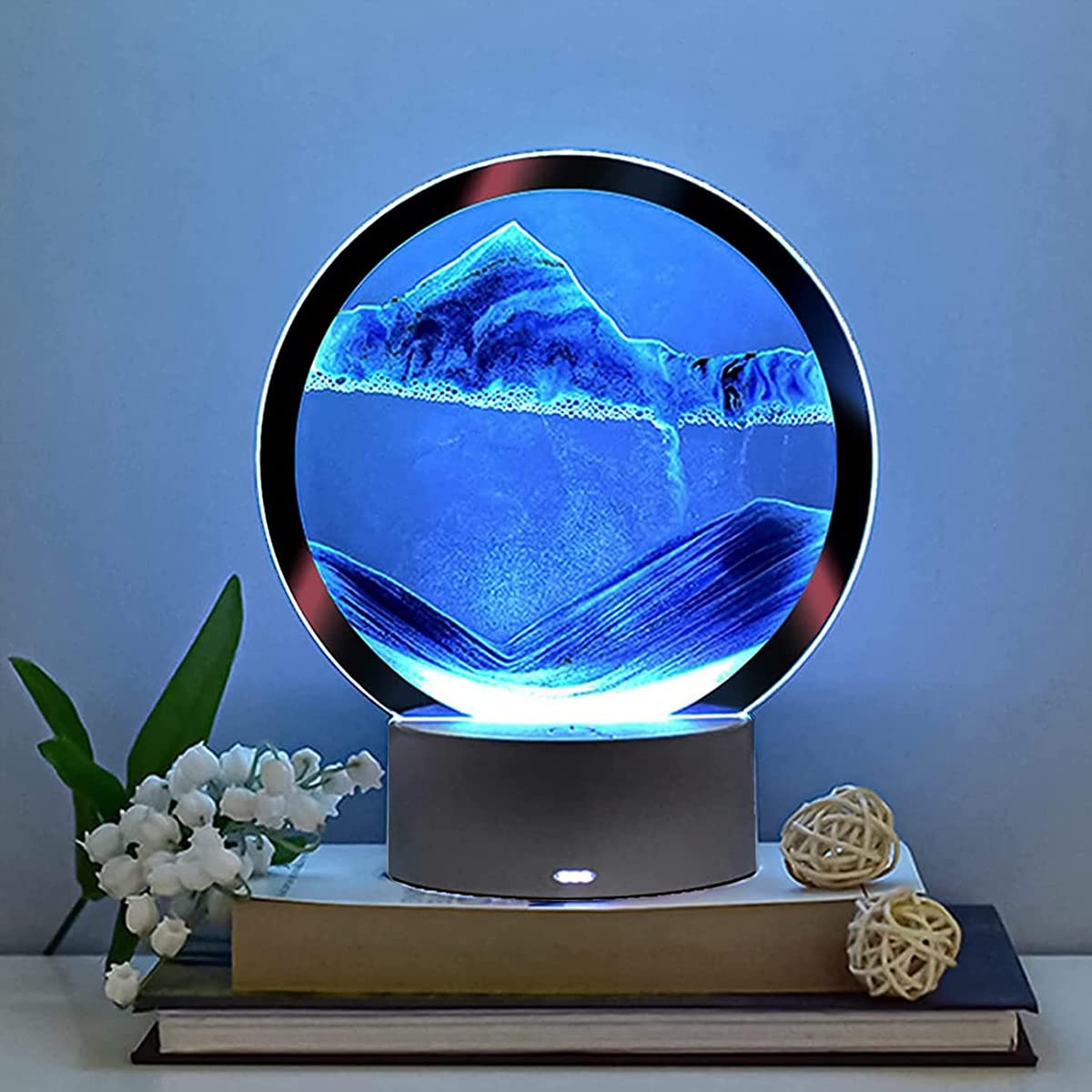 HASTHIP Moving Sand Art Desk Decoration for Relaxing Home Display with LED Light Base | Blue Glass Showpiece for Living Room and Office Decor