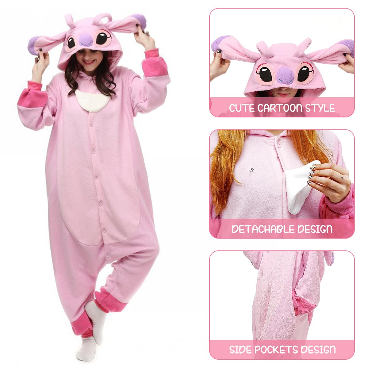 PALAY® Sleeping Pajamas for Teens & Adults Cute Stitch Flannel Sleeping Pajamas Stitch Cosplay Hoodie Pajamas Sleeping Pajamas Soft Plush Sleeping Pajamas for Sleepovers Pajamas Party, L, Pink