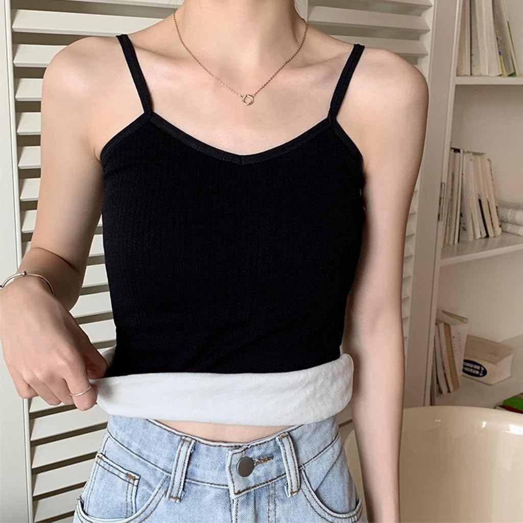 ZIBUYU Thermal Top for Women featuring V Neck Fleece Lined Cotton Tank in Black | Warm Slim Fit Base Layer