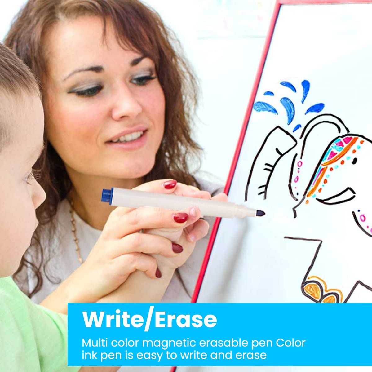 HASTHIP 9Pcs Whiteboard Markers, Mini Dry-Erase White Board Marker, Whiteboard Non-Permanent Markers with Magnetic Cap, Assorted Color, Writing & Erasing 2 in 1 Marker for School Office Home
