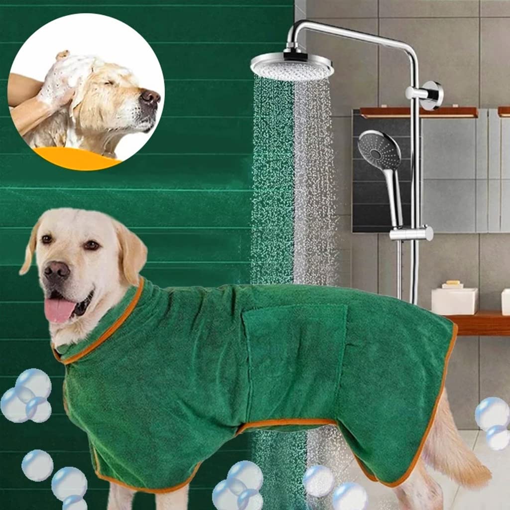 Qpets Dog Bath Towel for Quick Drying with Adjustable Velcro and 51–60cm Size L | Green Microfiber Coat