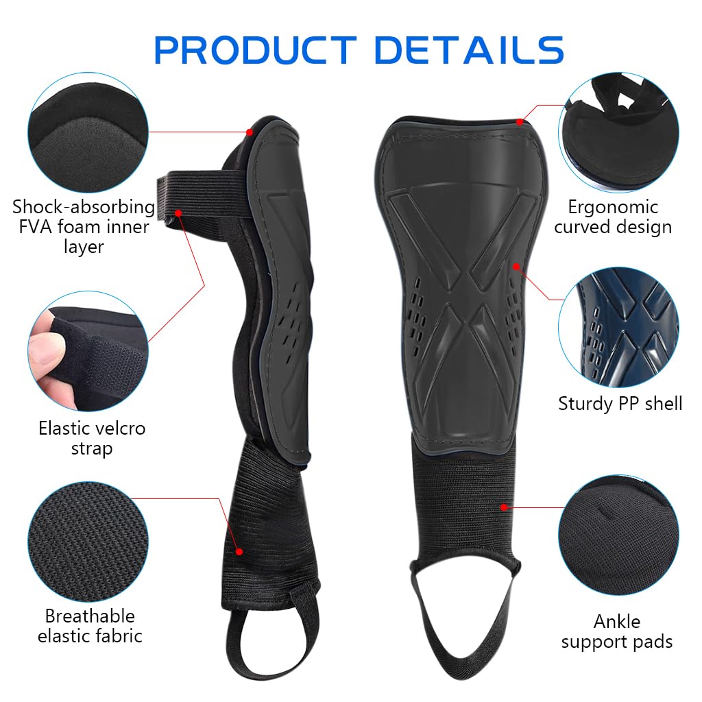 Proberos Football Shin Guard for Kids with Ankle Support and EVA Cushioning Liner | 2PCS Black