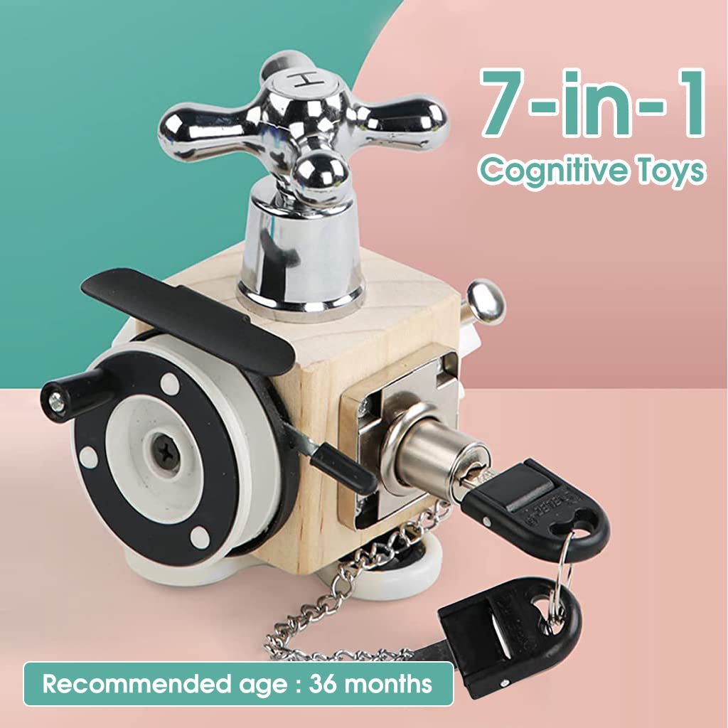 ZIBUYU Wooden Montessori Busy Board Cube for Parent Kids Activity with 7 in 1 Toys | Educational Sensory Toy for 1 4 Year Old Toddlers