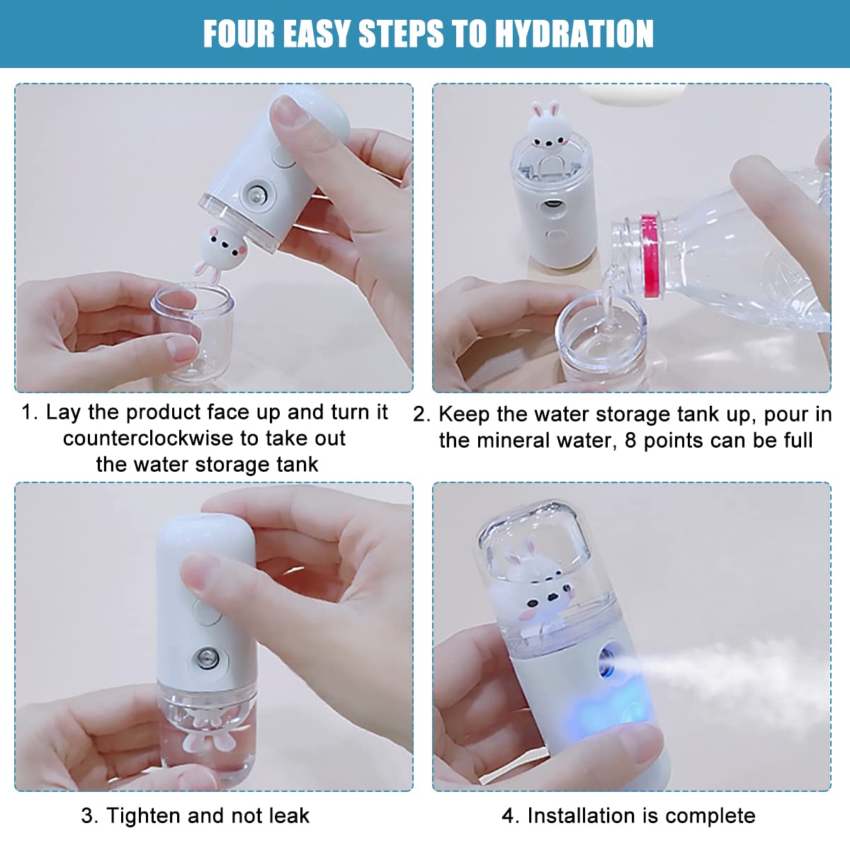 MAYCREATE  Facial Nano Mist Sprayer USB Portable Mini Face Mist Steamer, Cartoon Bunny 30ml Facial Sprayer Rechargeable Portable Skin Care Moisturizing Spray Machine