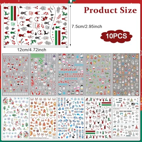 HASTHIP® 10 Sheets Nail Art Decal DIY Christmas Nair Art Decals Sticky Nail Art Decals Christmas Assorted Christmas Santa Claus Theme Series Nail Decals Creative Nail Art Sticker for Christmas, Party