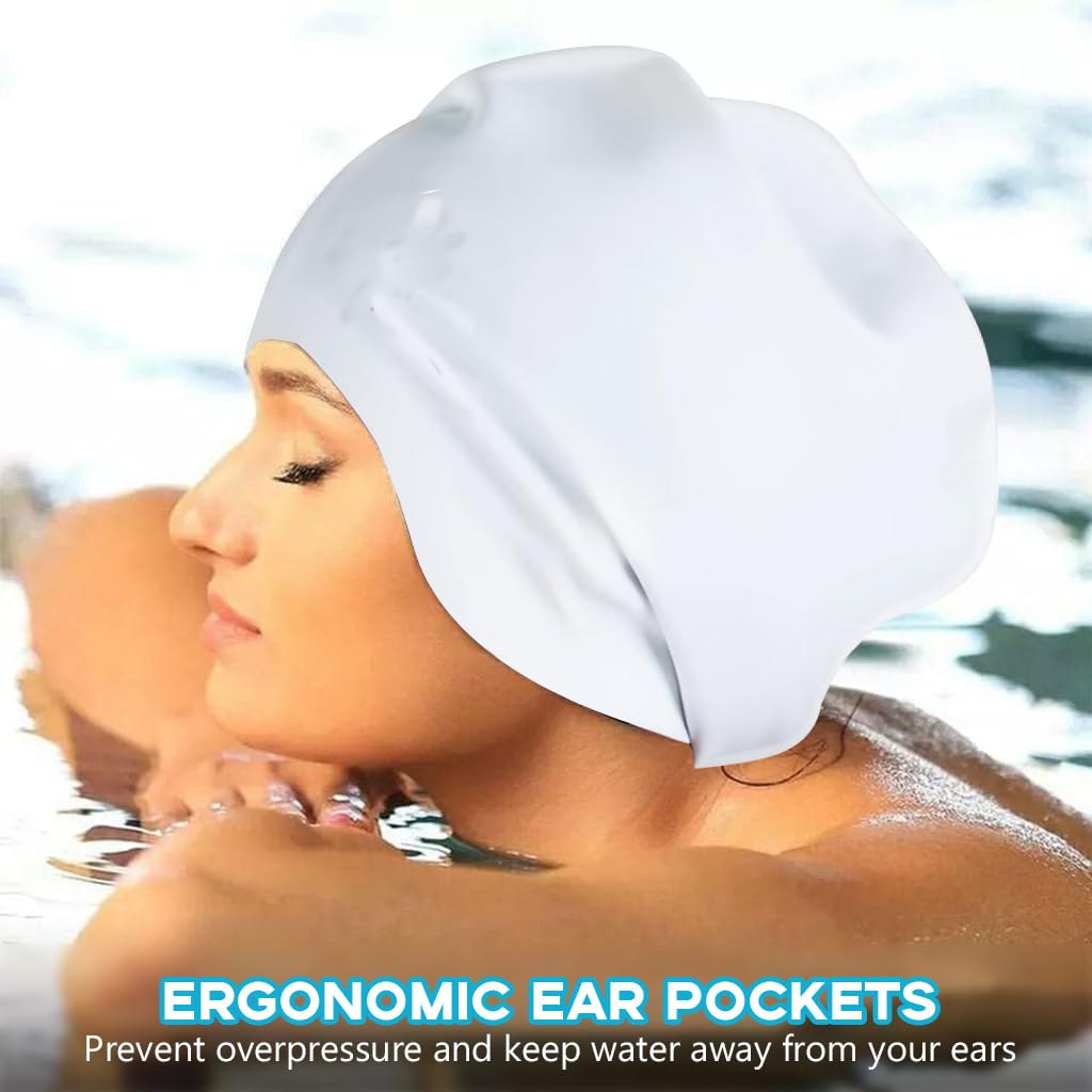 Proberos Swimming Cap for Long Hair with Super Elastic Silicone | White Unisex XL Fit