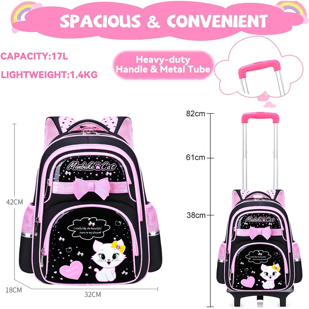 PALAY® School Bag for Girls Kids Luggage Trolley Backpack for Girls Travel Backpack for Elementary Preschool Students Detachable Wheel Stand Design Gift(42X32X18cm)