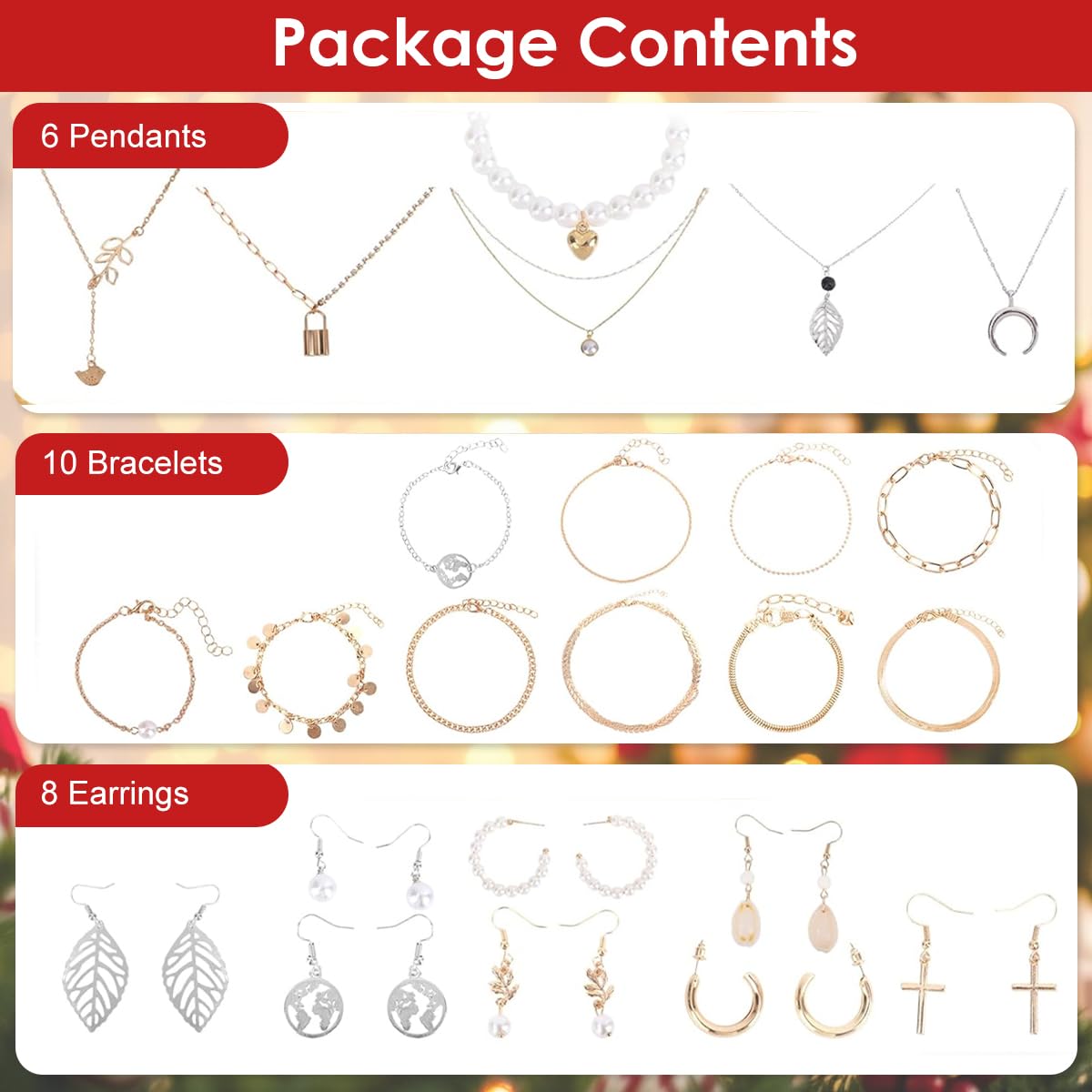 HASTHIP Christmas Gift Box 2025 Advent Calendar with 24Pcs Jewelry | Zinc Alloy Gold and Silver Set for Women and Girls