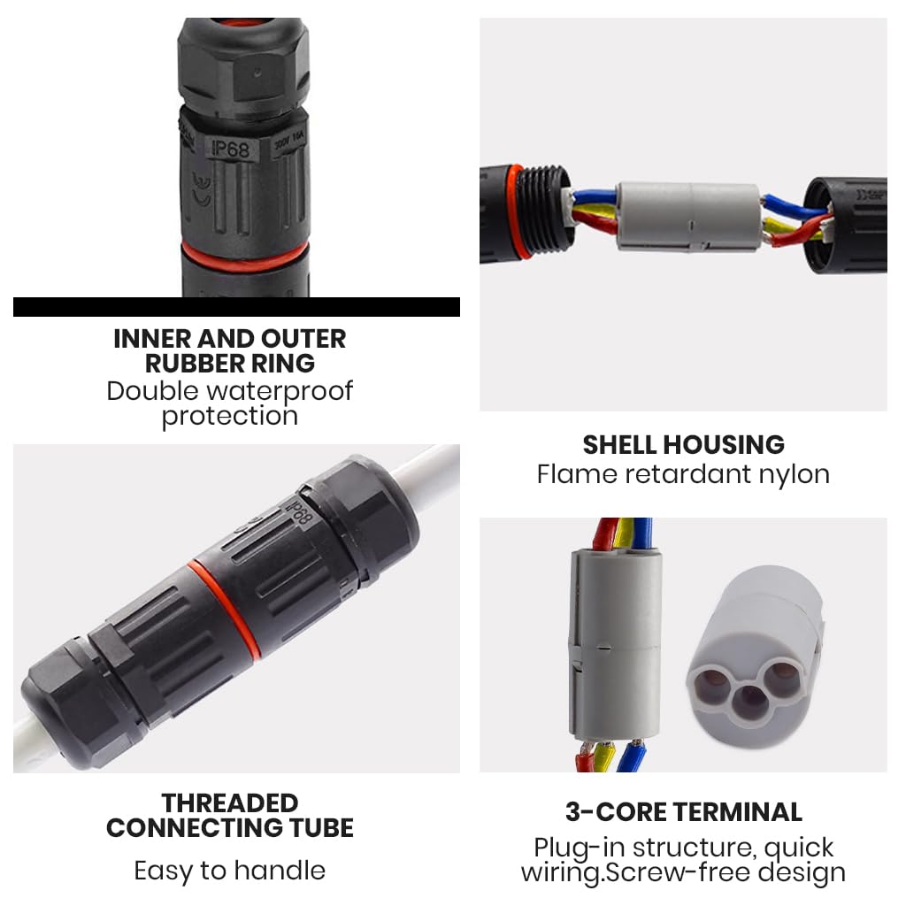 Serplex Electrical 3 Pin Plug Connector for Indoor and Outdoor Use with Flame Retardant Nylon and Brass | Easy Push In Terminal Block 4PCS