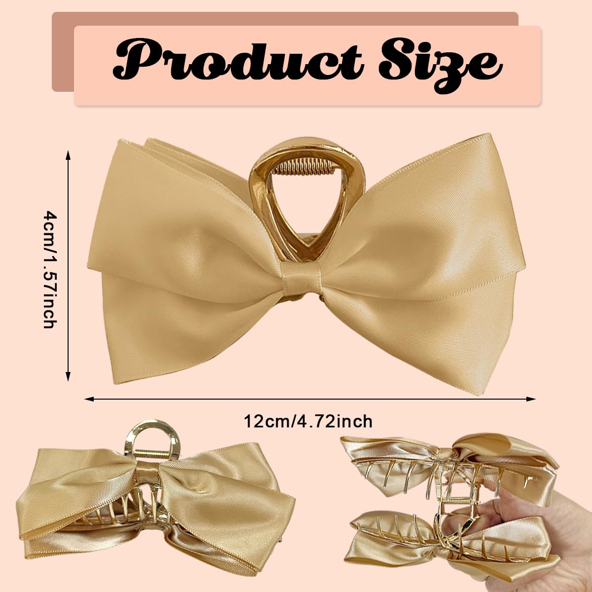 PALAY® Large Bow Hair Claw Clips for Women Metal Hair Bow Claw Clip for Medium Thick Hair, Non-slip Strong Hold Golden Big Hair Clamp - Casual & Formal Wear