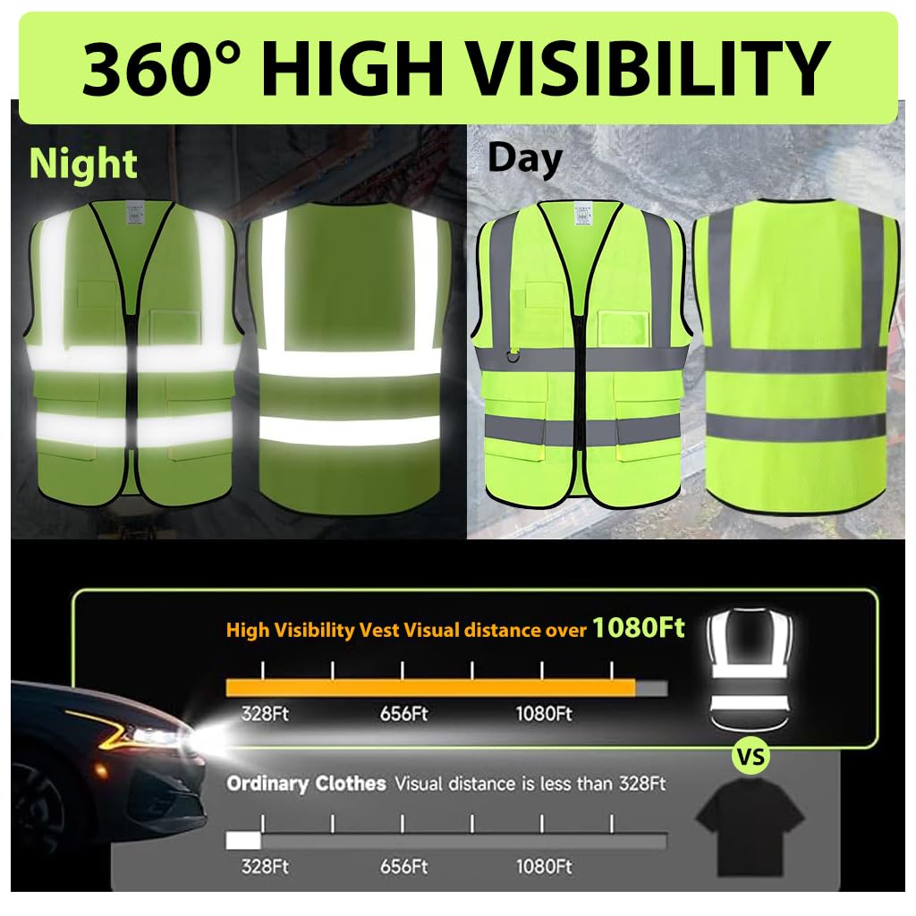 Serplex Reflective Safety Vest for Construction and Warehouse Crews featuring Zip Front and Multi Pockets | Quick Dry Mesh Green XXL