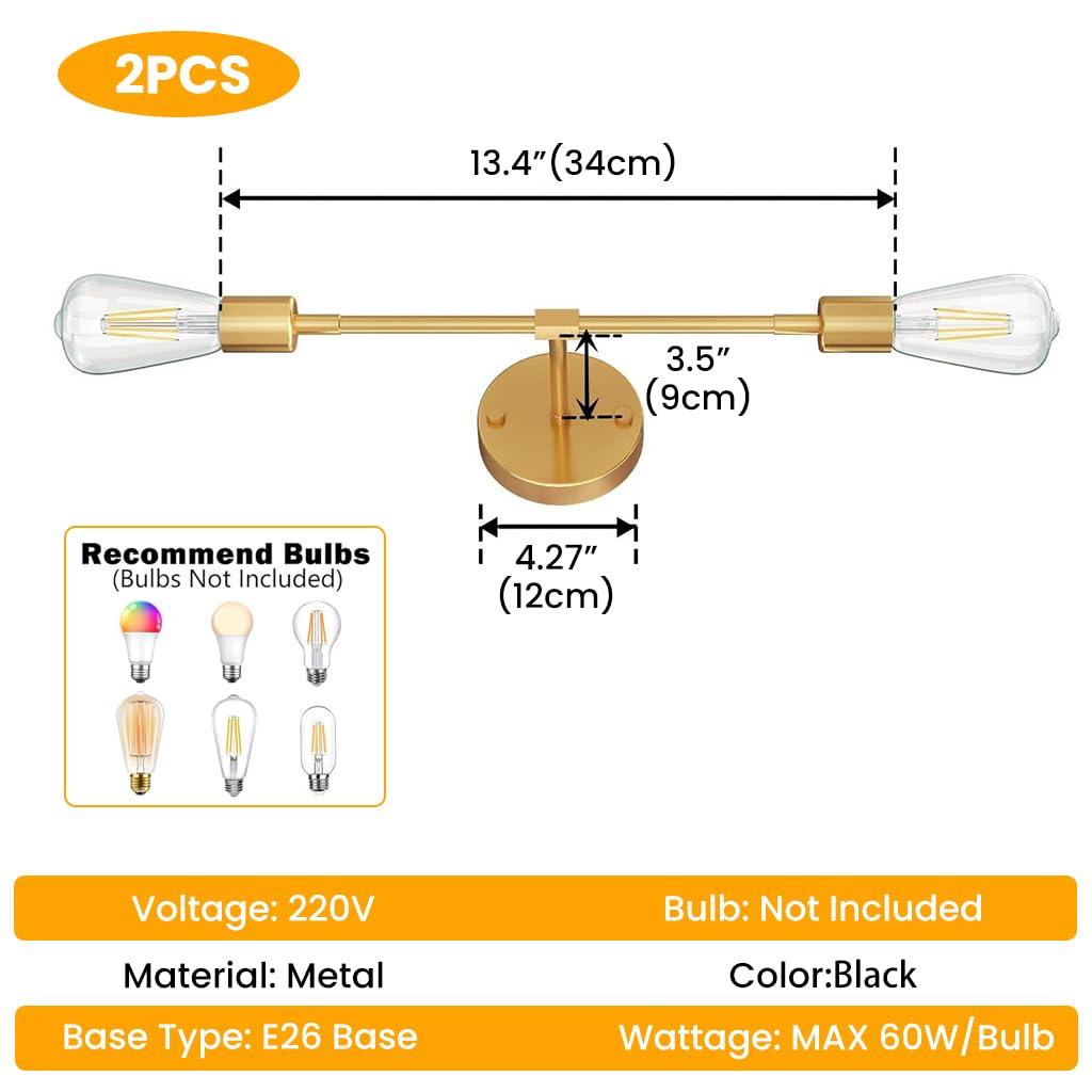 ELEPHANTBOAT Wall Light for Home Decoration with Dual Head Design and Golden Metal Finish | 13.4 in Retro Lamp for Living Room and Bedroom