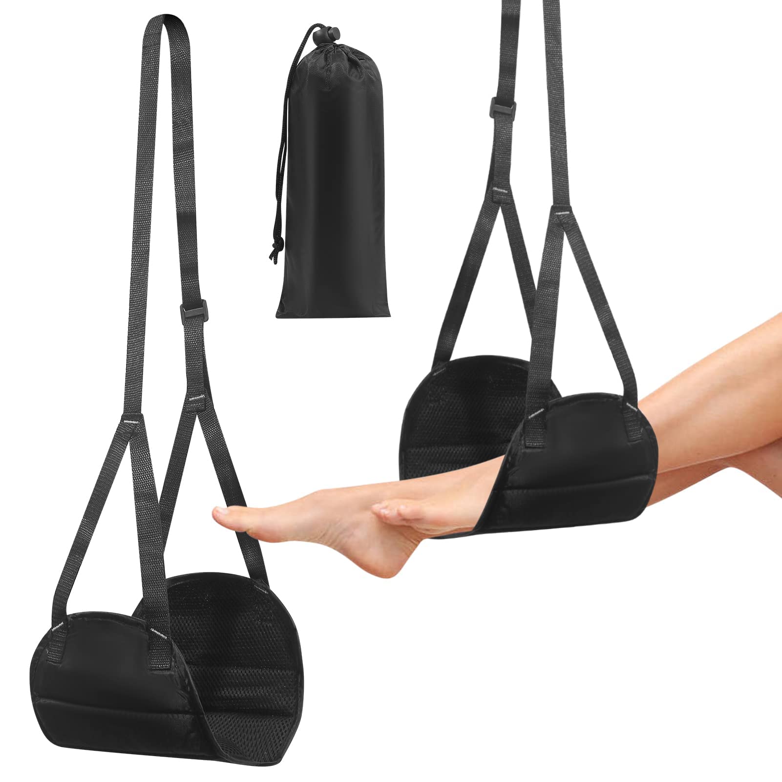 HASTHIP Airplane Footrest for Travel Comfort with Adjustable Straps and Storage Bag Black 2PCS