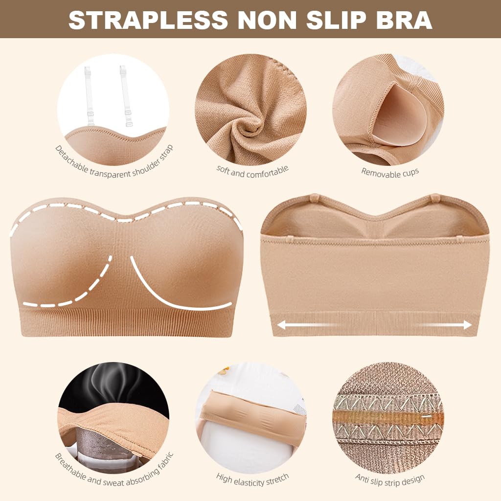 PALAY Strapless Bra for Women with Removable Pads and Non Slip Support | Nylon Fabric XL
