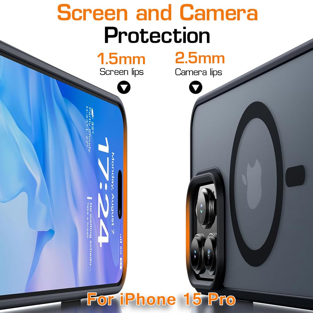 ZORBES Phone Case for iPhone 15 Pro with Magnet Ring and Metal Buttons | Black Rubber Frame