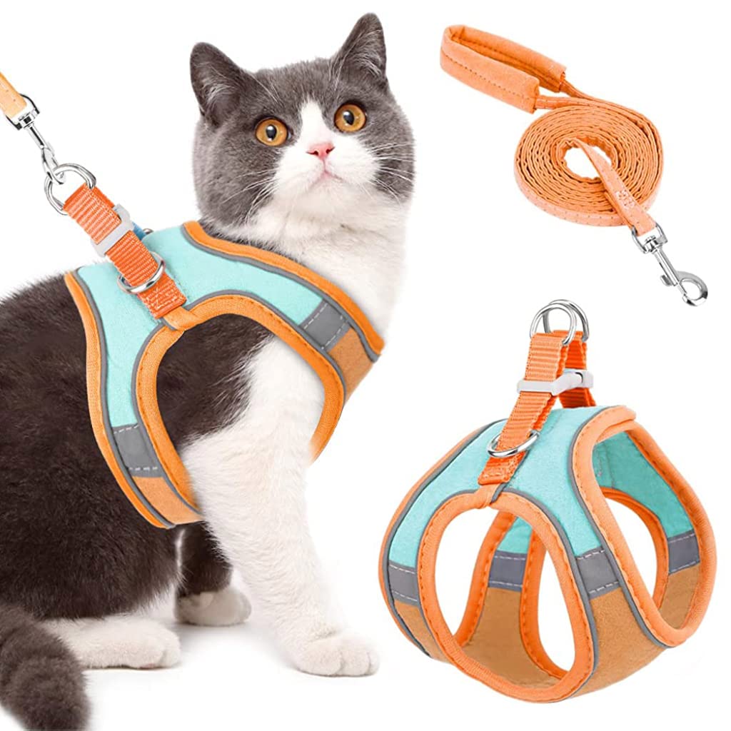 Qpets  Cat Harness with Cat Leash for Walking, Adjustable Soft Sturdy Faux Suede Escape Proof Kitten Vest Harness and Leash with Reflective Strip for Large Medium Small Cat(Green, Orang, M)