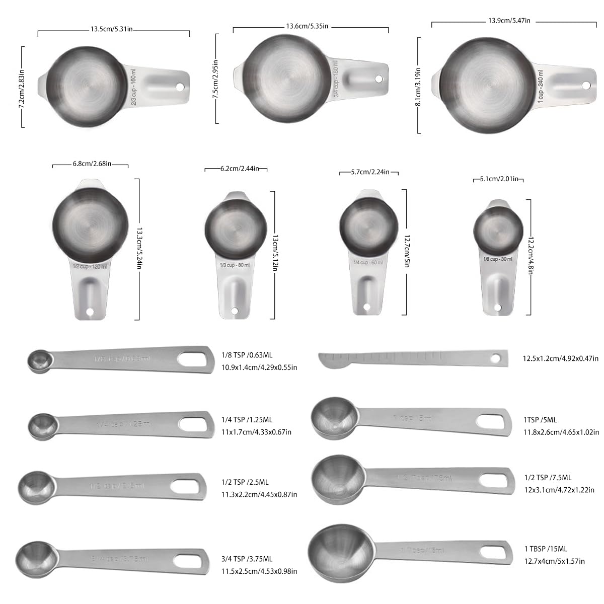 HASTHIP 15-Piece Kitchen Measuring Cups & Spoons Set with 7 Cups, 7 Spoons, 1 Leveling Ruler & 2 Detachable Rings, Kitchen Gadgets for Cooking & Baking (Silver)