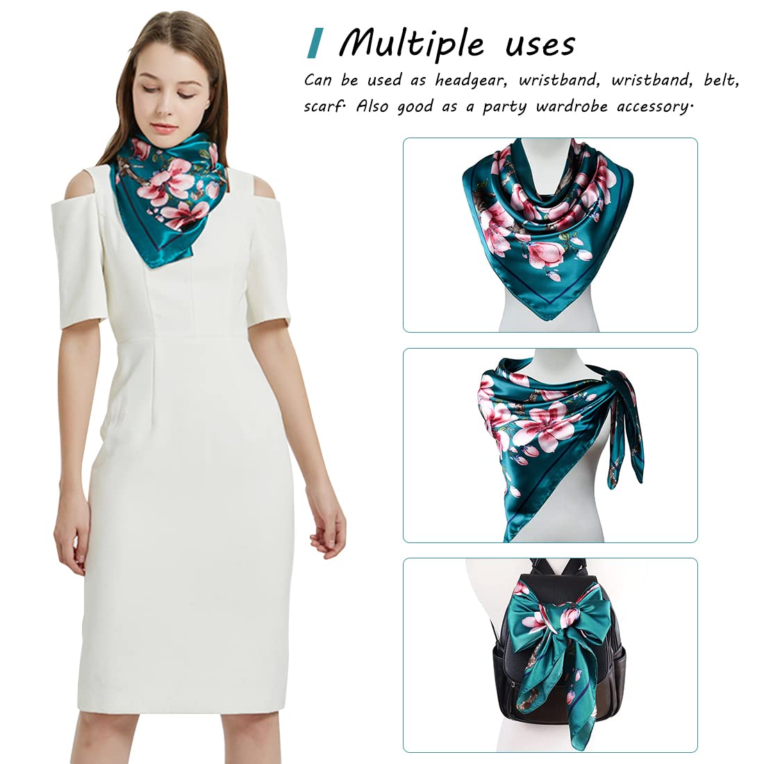 PALAY Head Scarf for Women featuring 35in Square Design with Green Print Satin Feel | 2PCS