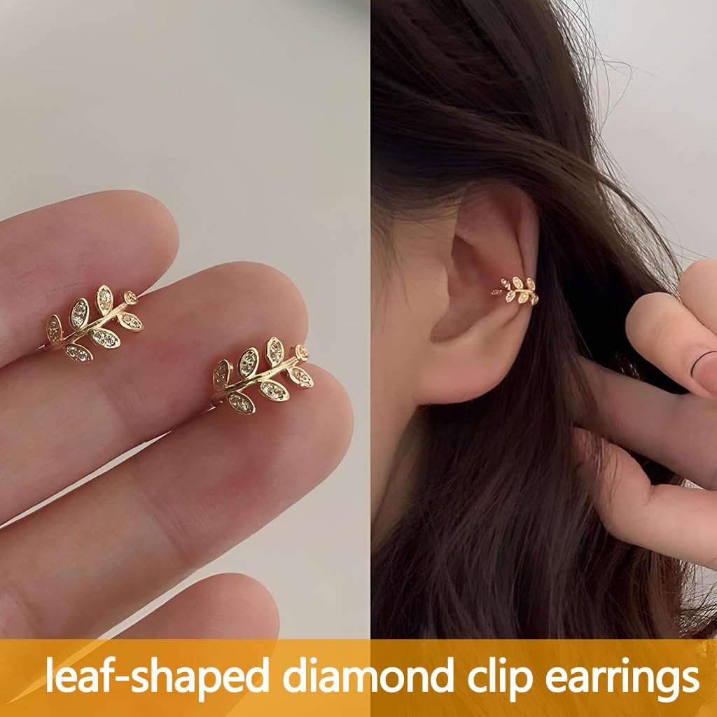 ZIBUYU Crystal Leaf Ear Cuffs for Women featuring No Piercing Clip Design and Gold Rhinestones