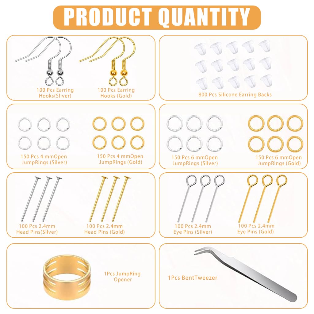 MAYCREATE® 2000Pcs DIY Earring Making Kit Golden & Silver Earring Hooks Jump Rings Earring Backs Headpins Eyepins and Tweezer Earring Findings for DIY Earring Making Jewelry Making