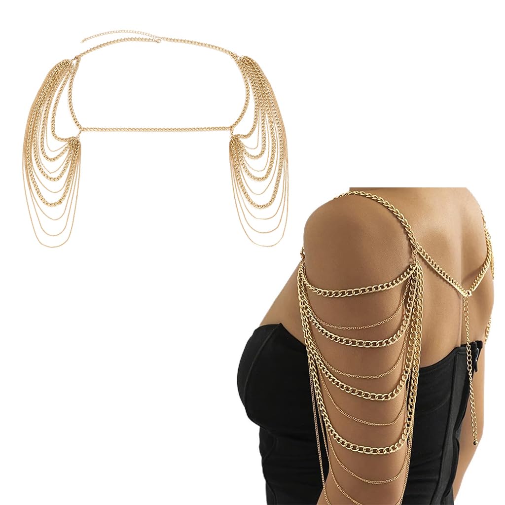 SANNIDHI® Tassel Body Chain Fashion Piece Golden Layered Tassel Chain for Off-shoulder Dress Adjustable Shoulder Tassel Charm Chain Party Wear Fashion Piece for Women