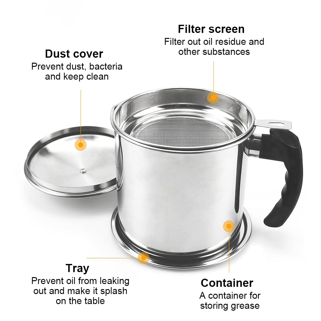 Supvox Kitchen Oil Container for Grease Storage featuring 48oz Capacity and Sieve Lid | 304 Stainless Steel with Handle