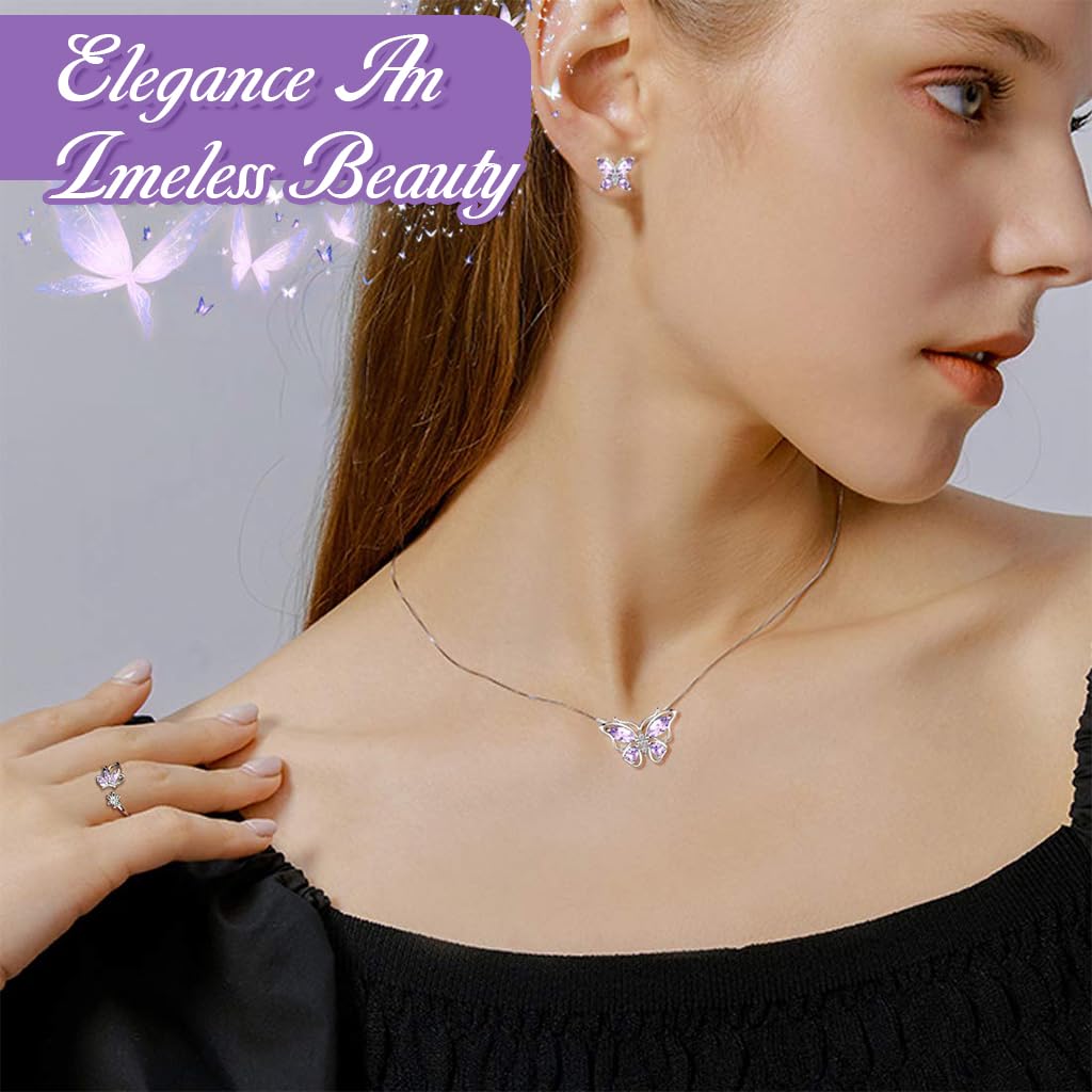 SANNIDHI Crystal Butterfly Jewellery Set for Women with 17.7 in Adjustable Necklace | 4 Pcs Alloy and Rhinestone Gift Combo