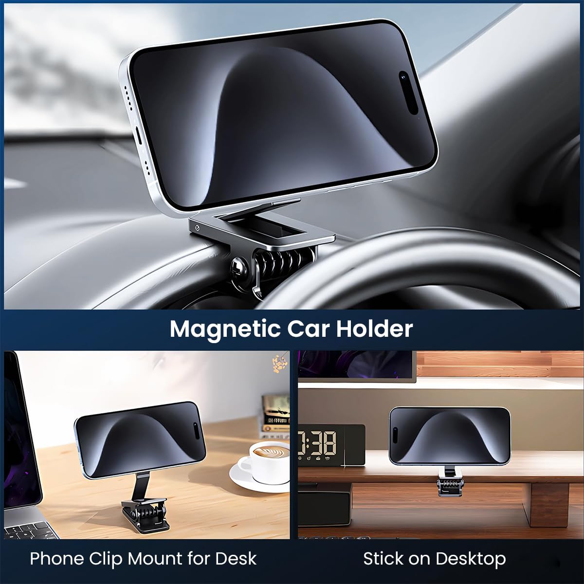 ZORBES Fits for Magsafe Car Mount, Phone Holder Clamp for Desktop, Hands Free Magnet Travel Phone Car Holder, Dash Phone Mount Car Fit for iPhone 15 14 13 12 Pro Max Mini MagSafe Cases