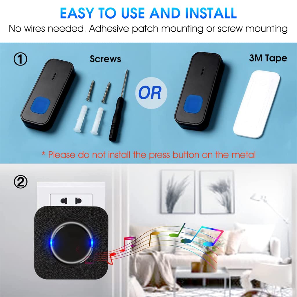 HASTHIP Door Bell for Home Electrical IP55 Long Range Wireless Door Bell Waterproof Ding Dong Bell with Catching Eye Flash Light Smart Door Bells 55 Ringtones and 5 Level Volume 100dB MAX