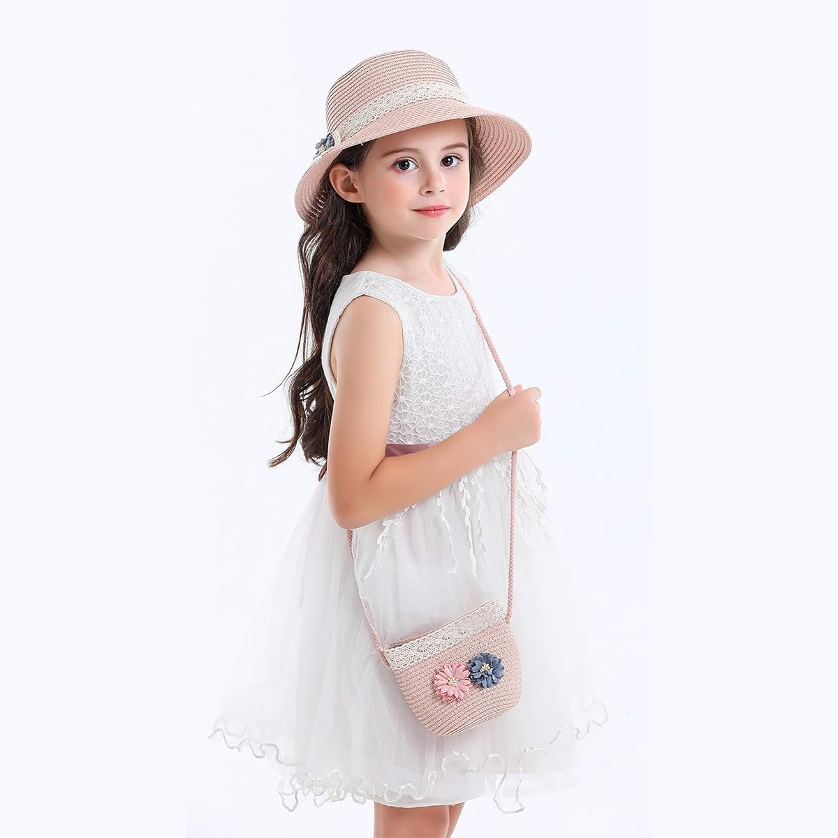 SNOWIE SOFT Pink Straw Hat and Mini Shoulder Bag Set for Girls 4–7 with Floral Lace Bowknot | Ideal Summer Beach Outfit Gift