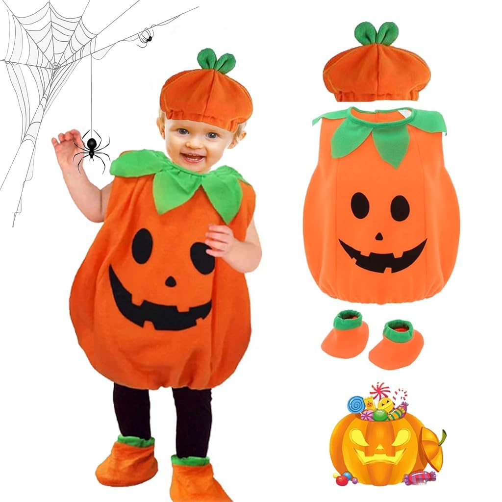 PATPAT® Toddler Pumpkin Halloween Cosume for Aged 4-5 Years Olds Boys and Girls Trick or Treat Halloween Cosume Cute Pumpkin Cosume with Hat and Shoes Halloween Party Cosume