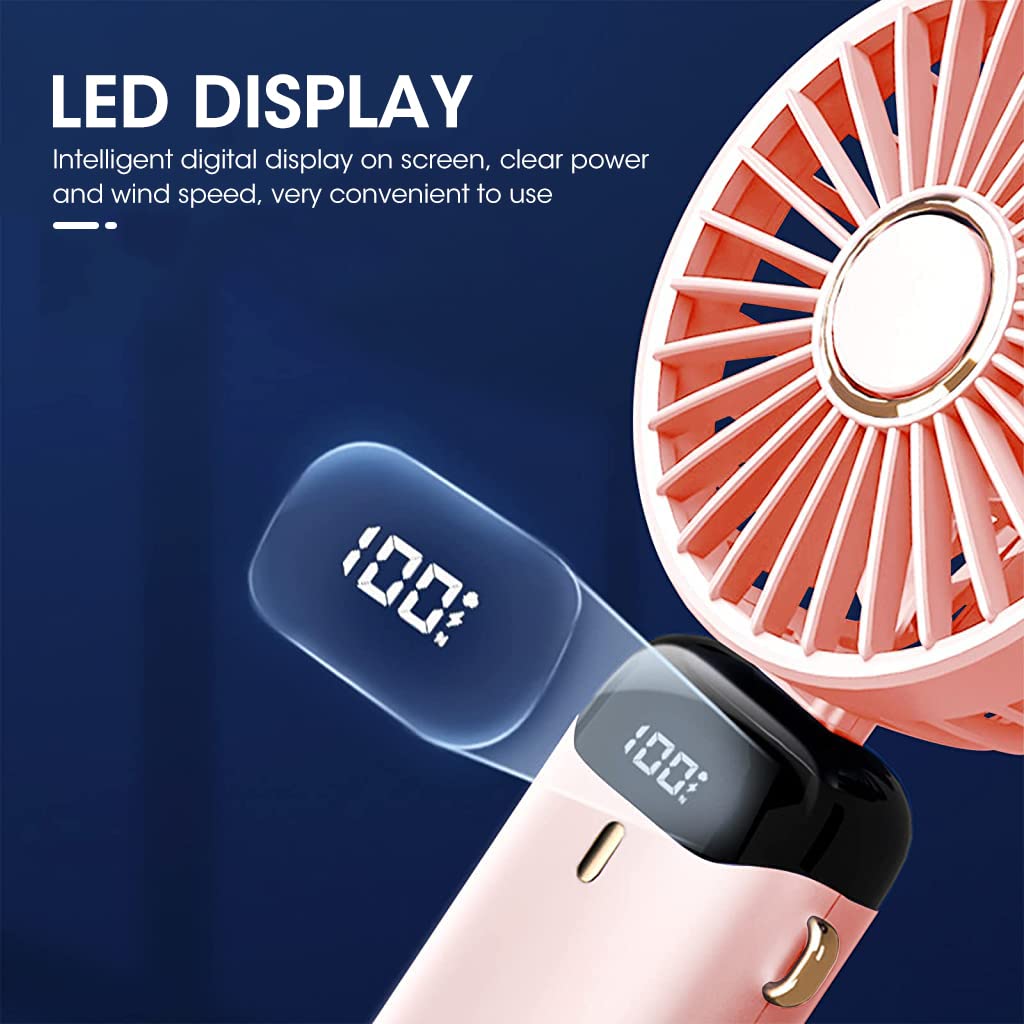 HASTHIP® Hand Fan for Women, Mini Small Portable Fan with USB Charging, 5 Speeds Fan with Lanyard, Fragrance Sheet and Base, Built-in 3000mAh Battery, Foldable 90°, LED Battery Level Display (Pink)