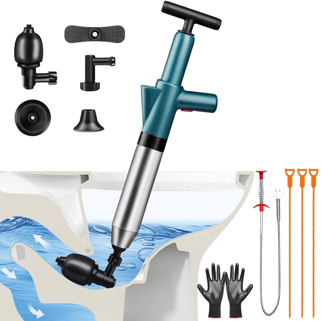 HASTHIP® Toilet Plunger Drain Clog Remover Kit, Hand Pump Stainless Steel Toilet Unclogging Tool, with Interchangeable Plungers, Flexible Auger, Ideal for Bathroom Drain Cleaning and Repair