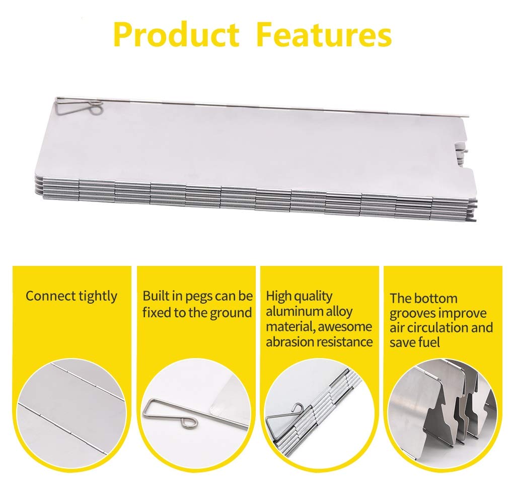 PROBEROS Camping Stove Windscreen with Bottom Vent and Pegs 32.7×9.5 in Aluminum Alloy | Foldable 10 Plate Design