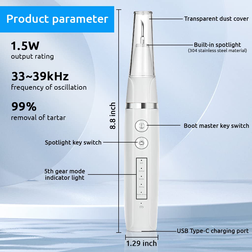 HANNEA Ultrasonic Tooth Cleaner Kit with LED Light and 5 Modes featuring IP67 Waterproof Design | USB Rechargeable 1500mAh Battery for Plaque and Tartar Removal