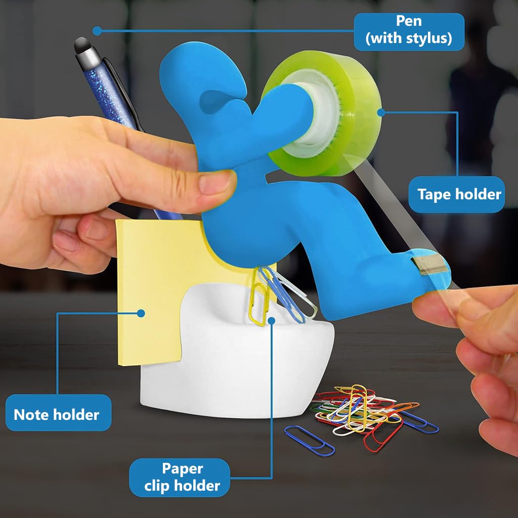 OFIFO Tape Dispenser for Office Desk with Pen and Sticky Notes Holder | Fun Blue Organizer Decor Gift