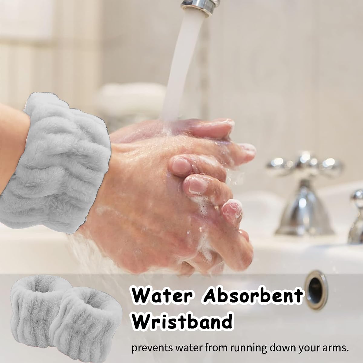 MAYCREATE Spa Headband & Wristband Set for Face Washing with Soft Flannel Bow | Grey