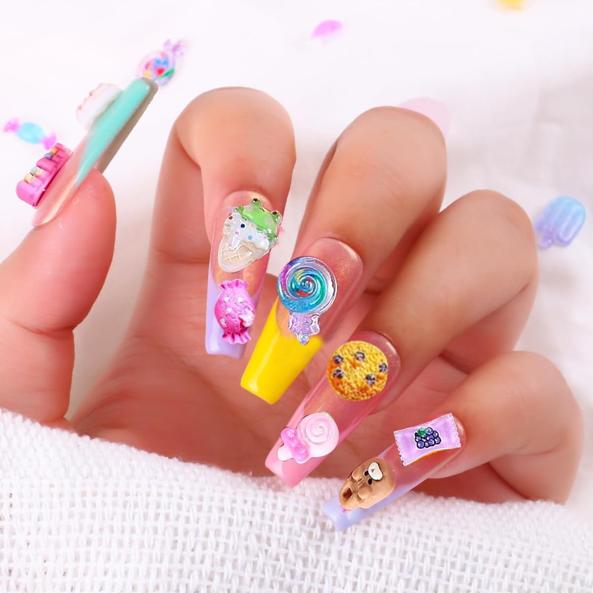MAYCREATE 3D Candy Nail Charms for DIY Crafts featuring Lollipop and Gummy Bear Designs 2 PCS