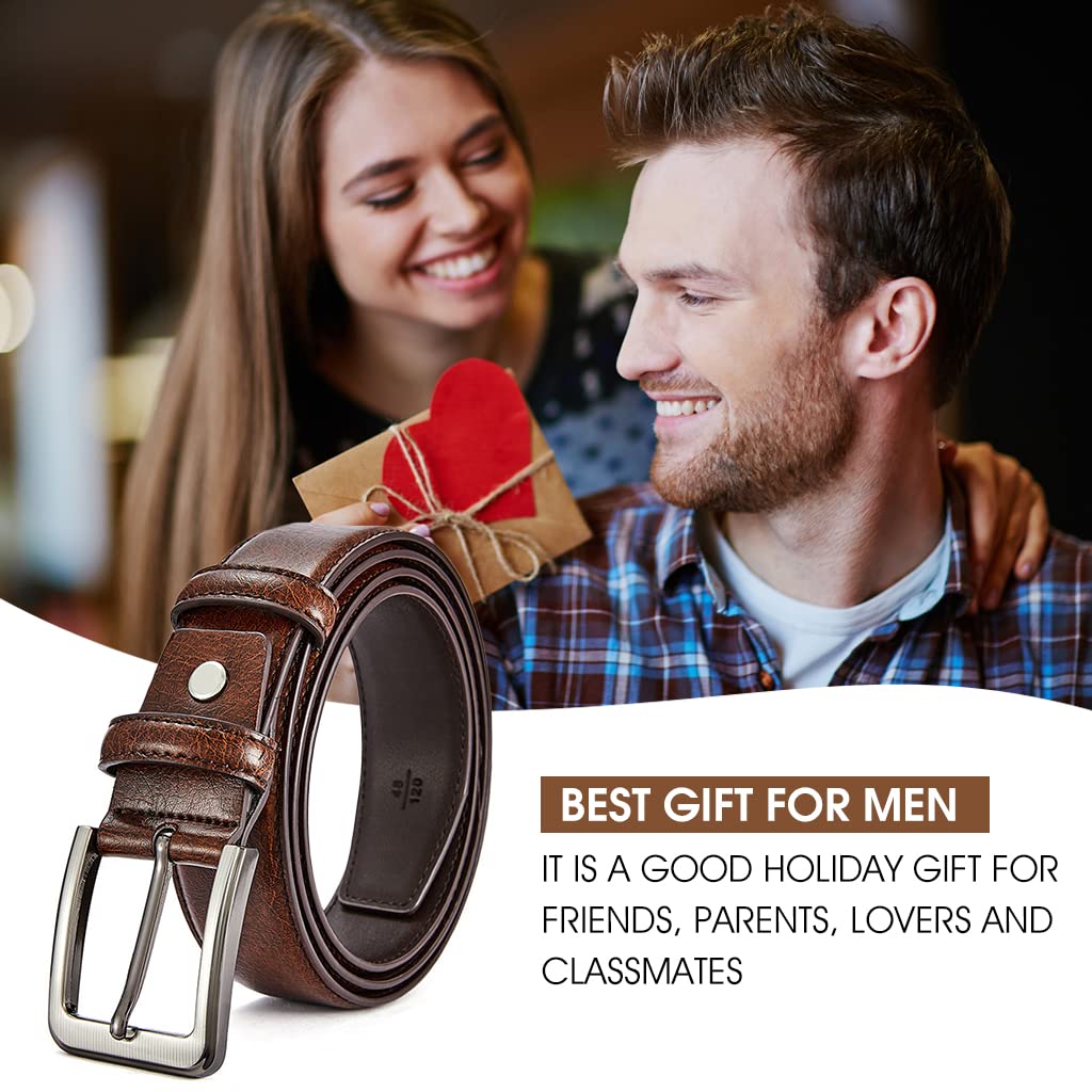 GUSTAVE® Classic Leather Belt for Men, Slim Fashion Texture Leather Mens Belt with Single Prong Buckle Waist Belt for Work Business and Casual (Brown)