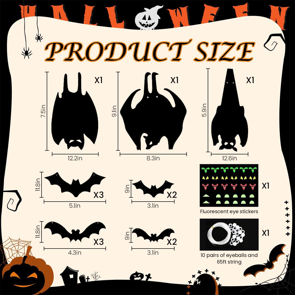 HASTHIP® 13Pcs Halloween Home Decorations PVC Black Bats Silhouette with Glow-in-the Dark Eyes Halloween Tree Hanging Decoration Halloween Garden Decor Wall Hangings