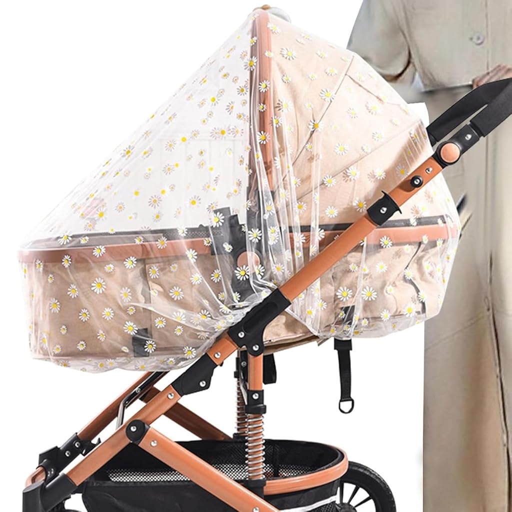 SNOWIE SOFT Mosquito Net for Stroller, Stretchy Breathable Bassinets Stroller Mosquito Net, 1.5m Elastic Diameter Protective Mosquito Net Outdoor Fine Mesh Embroidery Daisy Flower Mosquito Net