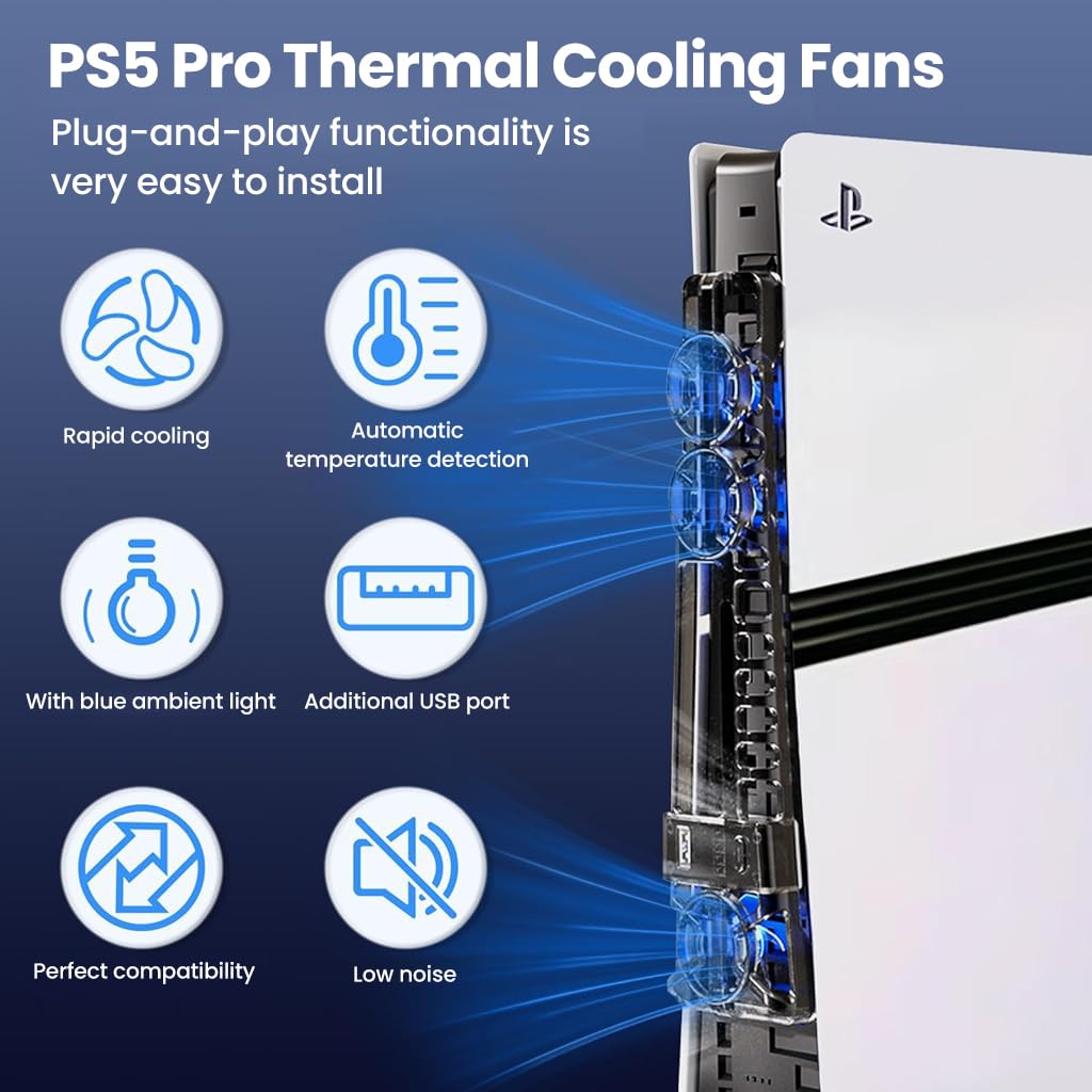 HASTHIP Cooling Fan for PS5 Pro and Slim with 3-Speed Control and Automatic Temperature Detection | LED Triple-Fan USB Accessory