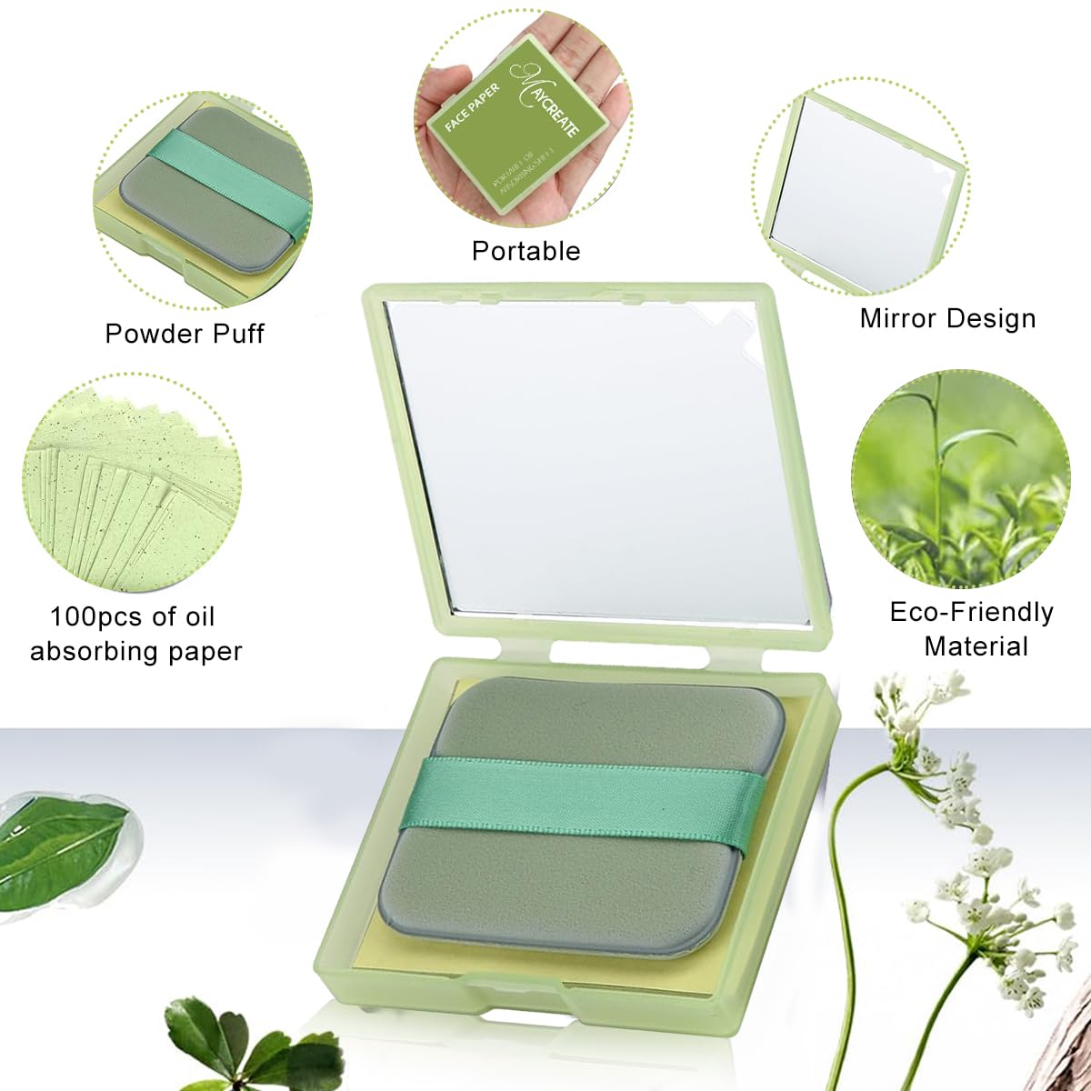 MAYCREATE® 100Pcs Face Blotting Paper for Oily Skin, Oil Blotting Sheets for Face, Natural Linen Oil Paper for Face, Blotting Paper for Makeup, Built-in Mirror & Powder Puff for Women Men (Green Tea)