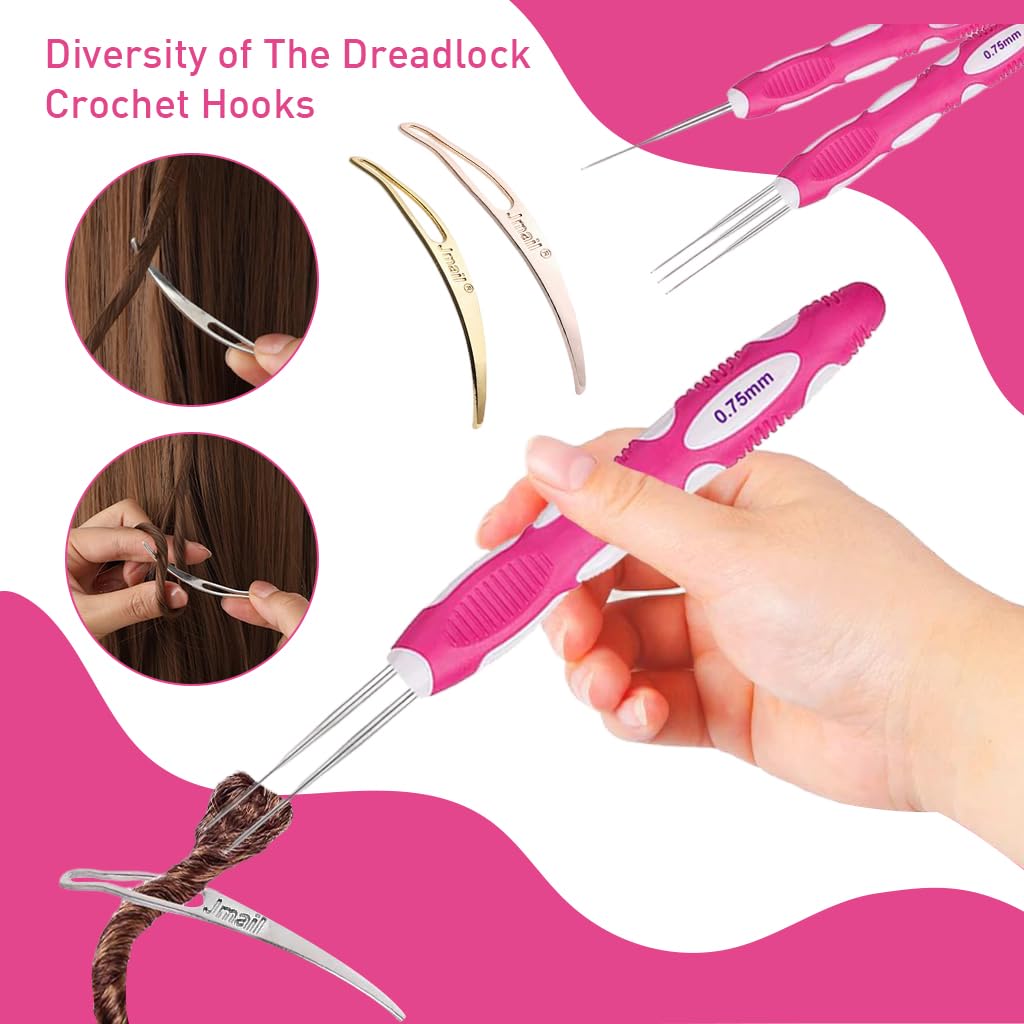 HASTHIP Dreadlock Crochet Hook Set for Braiding and Maintenance with 0.75mm Hooks | Rubberized Handle and Hair Locking Tools