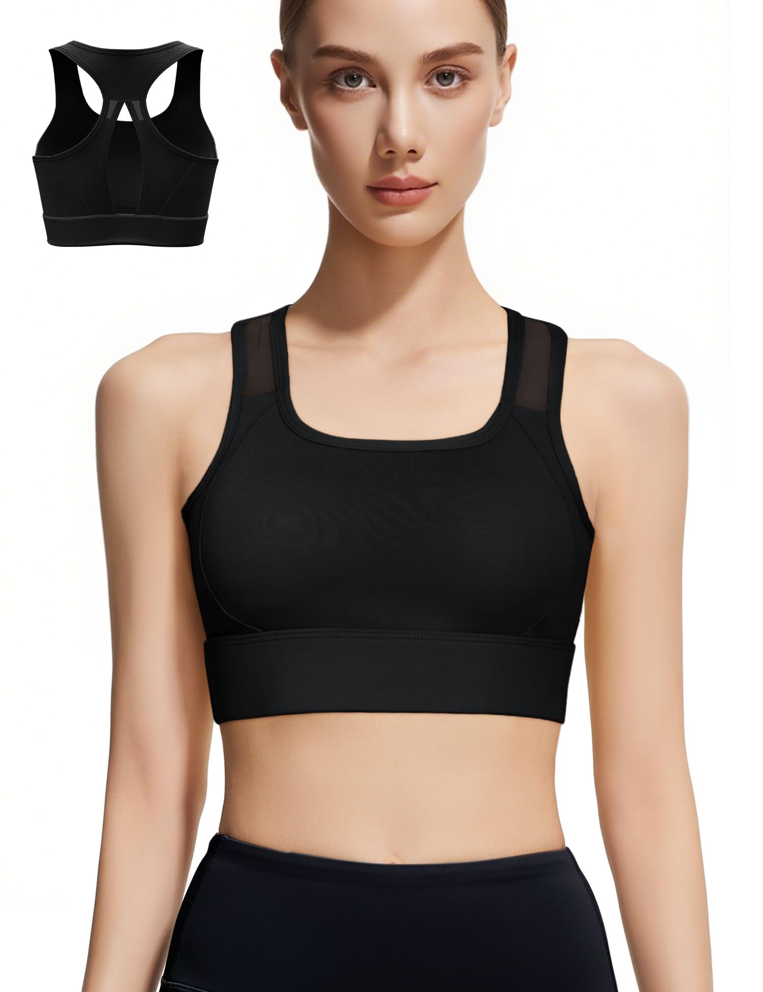 Venzina Sports Bra for Yoga and Running with Breathable Mesh and Removable Pads | Black Longline Racerback Top