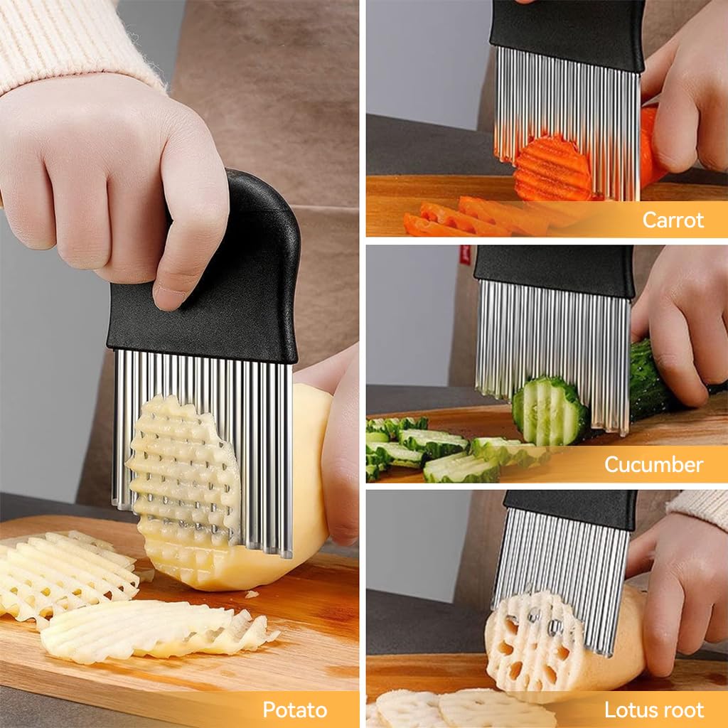 ZIBUYU® Crinkle Cutter Knife, Potatoes Crinkle Fry Cut and Vegetable Cutter for Veggies, Stainless Steel Carrot Slicer（Black）